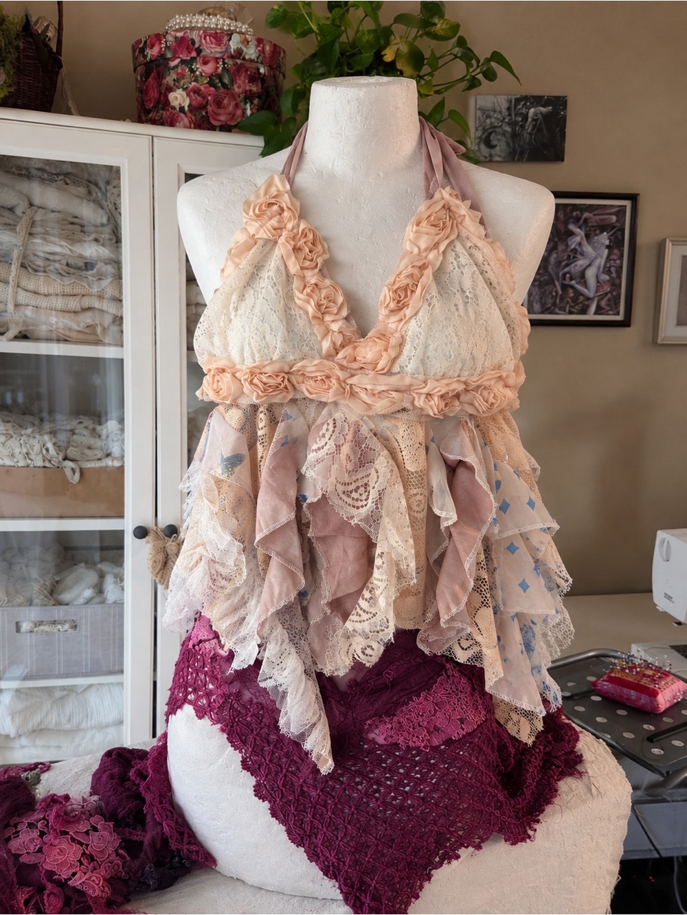 Boho Lace Ruffle Halter Top - Pink/Cream